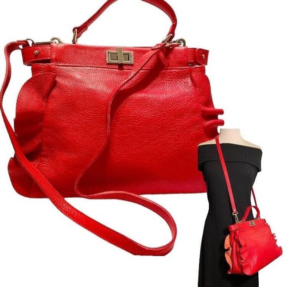 Borse in Pelle Handbag Shoulder Bag Satchel Red Pebbled Genuine Leather Italy